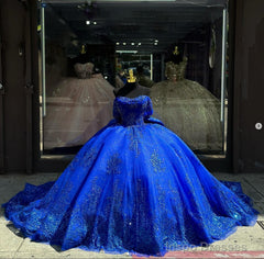 Royal Blue Ball-Gown Appliques Quinceanera Dresses with Train