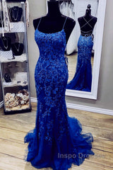 Royal Blue Mermaid Straps Tulle And Lace Party Dress, Royal Blue Evening Prom Dress