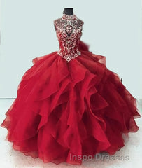 Royal Blue Organza High Neck Quinceanera Dress Burgundy Evening Prom Dress