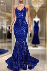 Royal Blue Evening Prom Dress, Spaghetti Evening Prom Dress, Lace Evening Prom Dress, Sparky Evening Prom Dress