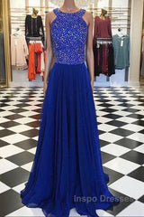 Royal Blue Round Neck Long Evening Prom Dress, Blue Evening Dress