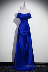 Royal Blue Satin A-Line Simple Long Party Dress, Royal Blue Satin Floor Length Evening Prom Dress