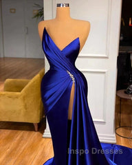 Royal Blue Satin Beading Ruched Evening Prom Dress With Slit