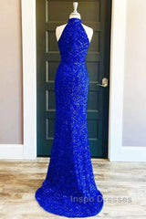 Royal Blue Sequin Halter Long Formal Dress with Slit Evening Prom Dress