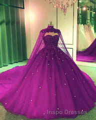 Royal Blue Tulle Ball Gown Evening Prom Dress With Cape
