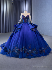 Royal Blue Tulle Long Sleeve Embroidery Prom Dress