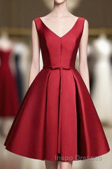 Simple Burgundy Satin V Neck Short Evening Prom Dress, Evening Prom Dress