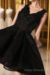 Black V Neck Lace Short Evening Prom Dress, Homecoming Dress, Homecoming Dress