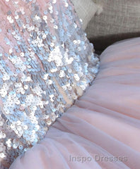 Cute Pink V Neck Tulle Seqsuins Short Evening Prom Dress, Cocktail Dress