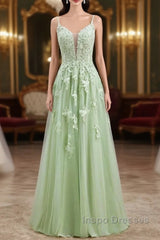 Sage Green Long Evening Prom Dress Lace Appliques V Neck Lace-Up