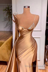 Satin Gold One Shoulder Mermaid Evening Prom Dress With Slit
