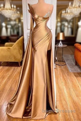 Satin Gold One Shoulder Mermaid Evening Prom Dress With Slit
