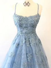 Scoop Neck Light Blue Backless Lace Evening Prom Dress, Scoop Neck Blue Lace Formal Evening Dress