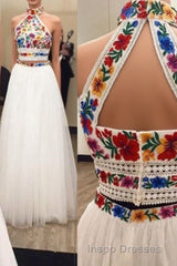 Two Piece High Neck Long Evening Prom Dress with Appliques, Unique Sleeveless Party Dress