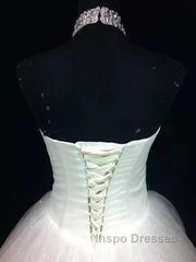 Sequin Ball Gown Sleeveless Floor Length Beading Tulle Halter Wedding Dress
