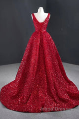 Sequins Asymmetrical Red Evening Dress Sleeveless Deep-V Evening Prom Formal Dress