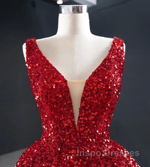 Sequins Asymmetrical Red Evening Dress Sleeveless Deep-V Evening Prom Formal Dress