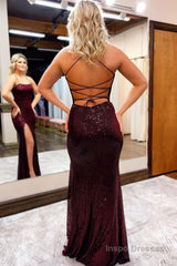 Sequins Spaghetti Straps Sheath Burgundy Prom Dress with Slit