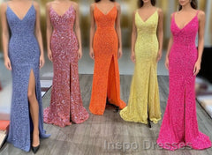 Mermaid Yellow Sequins Long Evening Prom Dress with Slit