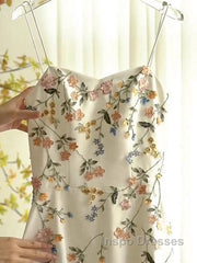 Sexy A Line Spaghetti Straps Ivory Floral Satin Evening Prom Dress Birthday Outfits Evening Gown