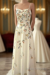 Sexy A Line Spaghetti Straps Ivory Floral Satin Evening Prom Dress Birthday Outfits Evening Gown