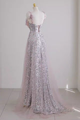 Sexy A Line Straps Lilac Sequin Evening Prom Dress
