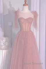Sexy A Line Straps Neckline Long Pink Evening Prom Dress