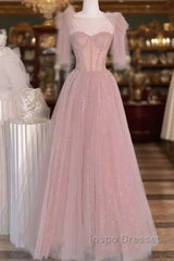 Sexy A Line Straps Neckline Long Pink Evening Prom Dress