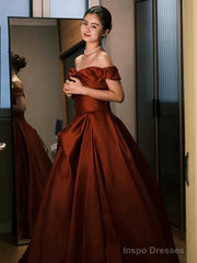 Sexy Ball Gown Off The Shoulder Satin Rust Red Floor Length Evening Dress Prom Dresses