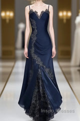 Sexy Bodycon Mermaid Straps Long Navy Blue Lace Evening Prom Dress Party Dress