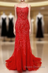 Sexy Long Lace Red Evening Prom Dress Open Back