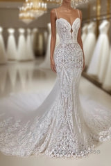 Sexy Long Mermaid V-neck Spaghetti Straps Appliques Lace Wedding Dress