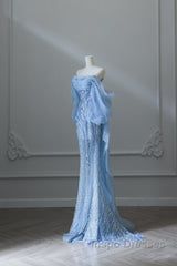 Sexy Mermaid Off The Shoulder Blue Sequin Long Evening Prom Dress Evening Gowns