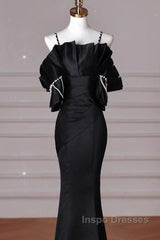 Sexy Mermaid Spaghetti Straps Black Long Formal Dress Satin Evening Prom Dress