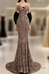 Sexy Mermaid Strapless Sequin Gold Floor Length Evening Prom Dress