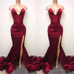 Sexy V-neck Chiffon Mermaid Prom Dress Long With Split Burgundy