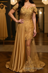 Sheath/Column Off-the-Shoulder Sweep Train Elastic Woven Satin Evening Prom Dress With Appliques Lace