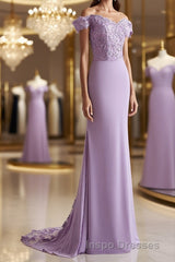 Sheath/Column Off-the-Shoulder Sweep Train Jersey Mother of the Bride Dress With Ruffles