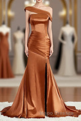 Sheath/Column Off-the-Shoulder Sweep Train Silk like Satin Bridesmaid Dress with Leg Slit