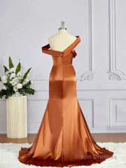 Sheath/Column Off-the-Shoulder Sweep Train Silk like Satin Bridesmaid Dresses with Leg Slit