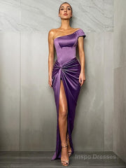 Sheath/Column One-Shoulder Floor-Length Satin Prom Dresses With Leg Slit