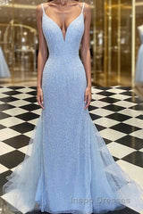 Sheath/Column Spaghetti Straps Sweep Train Tulle Evening Prom Dress With Sequin