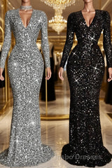 Sheath/Column V-neck Sweep Train Evening Prom Dress