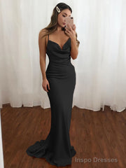 Sheath/Column V-neck Sweep Train NS Elastic Woven Satin Prom Dresses
