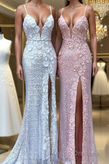Sheath/Column V-neck Sweep Train Sequins Evening Prom Dress With Leg Slit