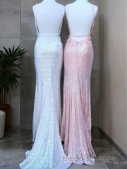 Sheath/Column V-neck Sweep Train Sequins Evening Prom Dress With Leg Slit