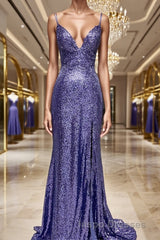 Sheath/Column V-neck Sweep Train Sequins Evening Prom Dress With Leg Slit