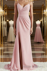 Sheath/Column V-neck Sweep Train Stretch Crepe Bridesmaid Dress with Leg Slit