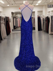 Sheath/Column V-neck Sweep Train Velvet Sequins Evening Prom Dress With Leg Slit