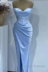 Sheath Spaghetti Straps Satin Pleated Light Blue Long Formal Dress Bridesmaid Dress Evening Gown Evening Prom Dress With Slit